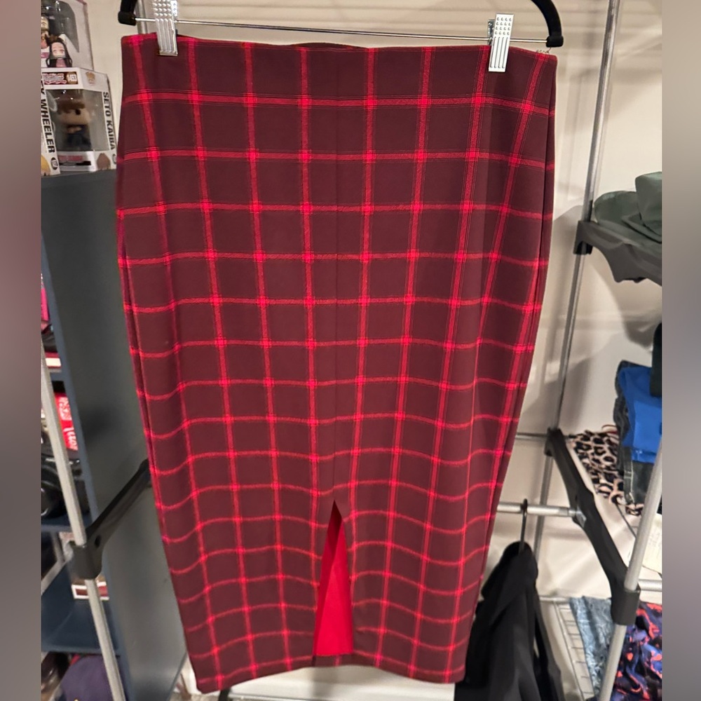 Red Plaid Print front split midi skirt